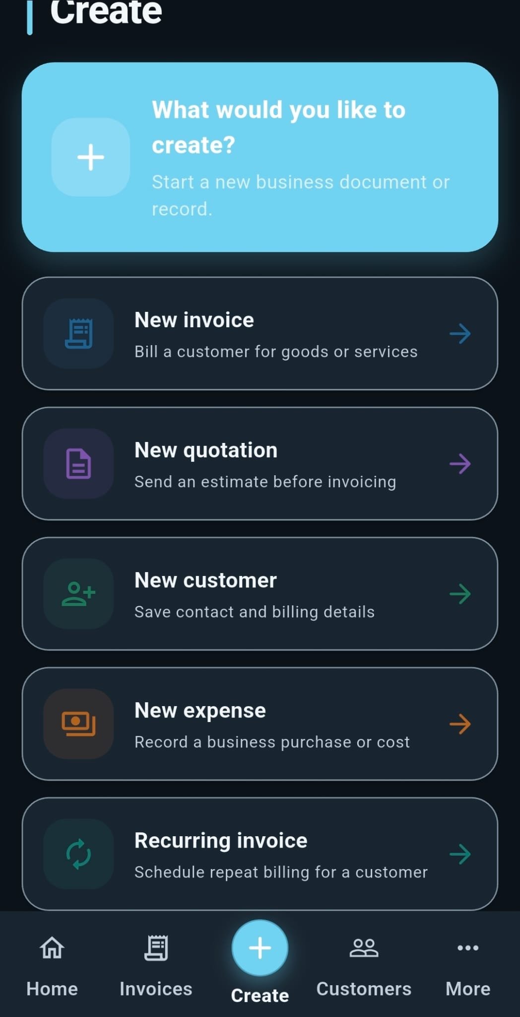 Invoice Studio create menu
