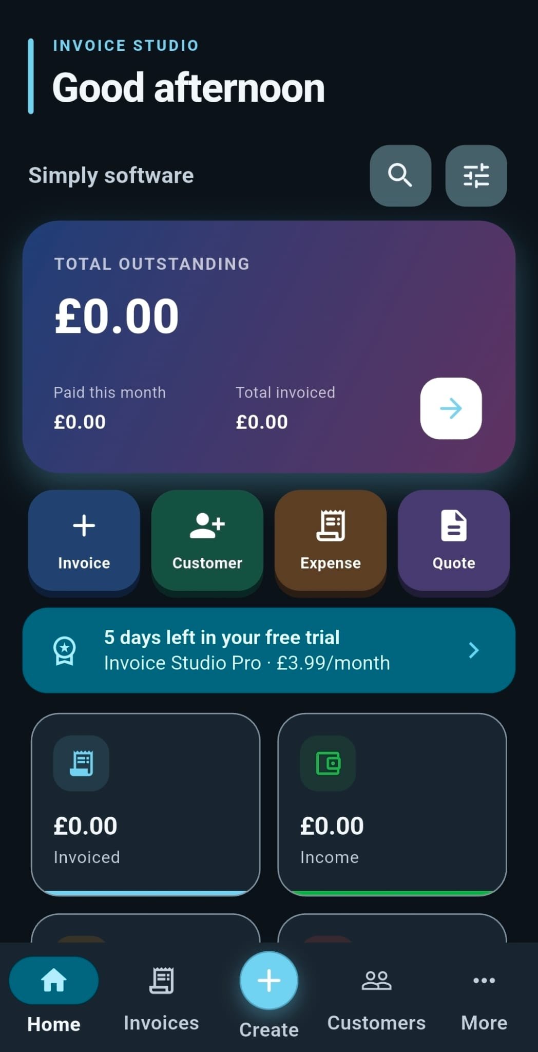 Invoice Studio mobile home screen
