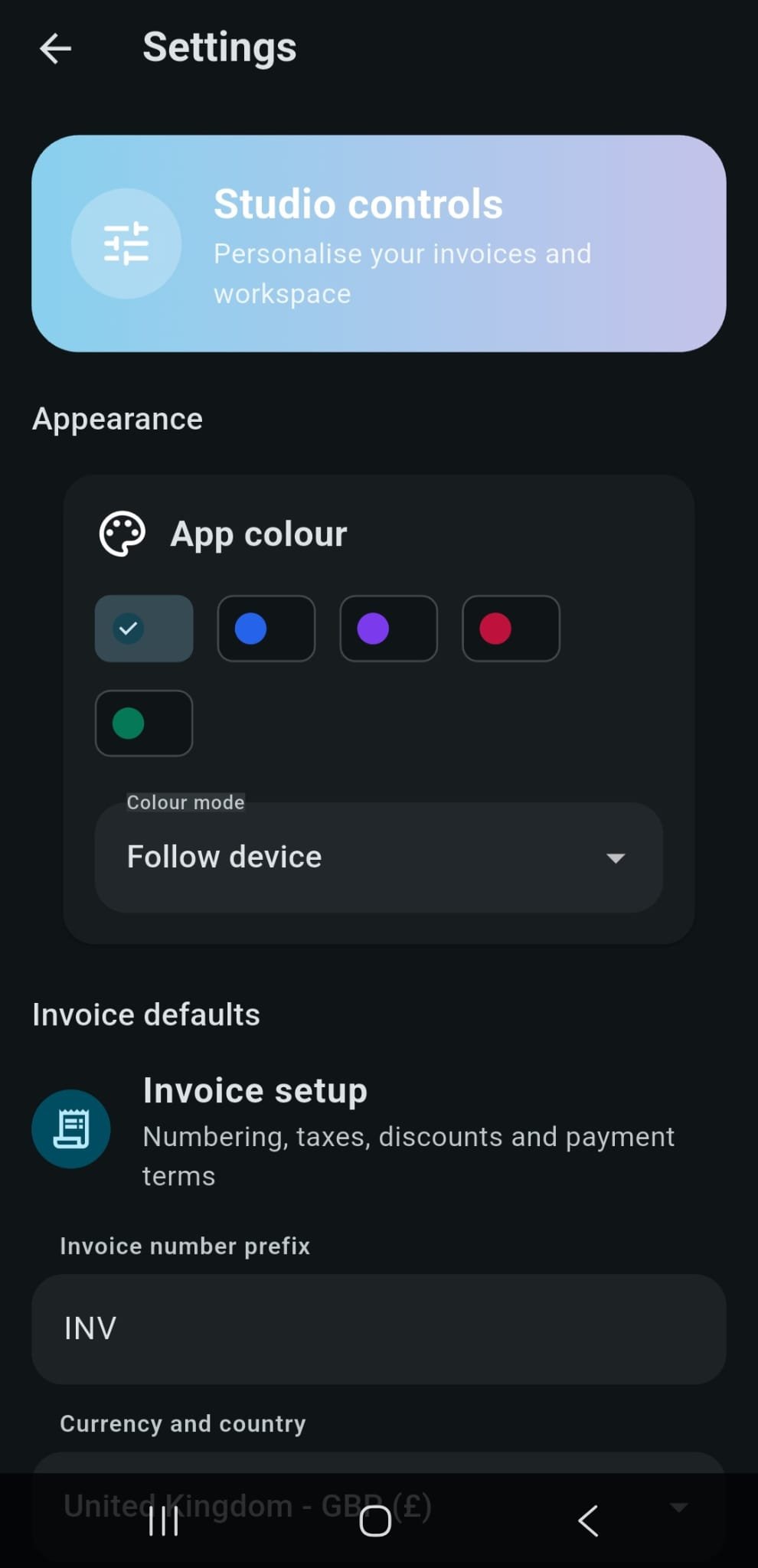Invoice Studio settings