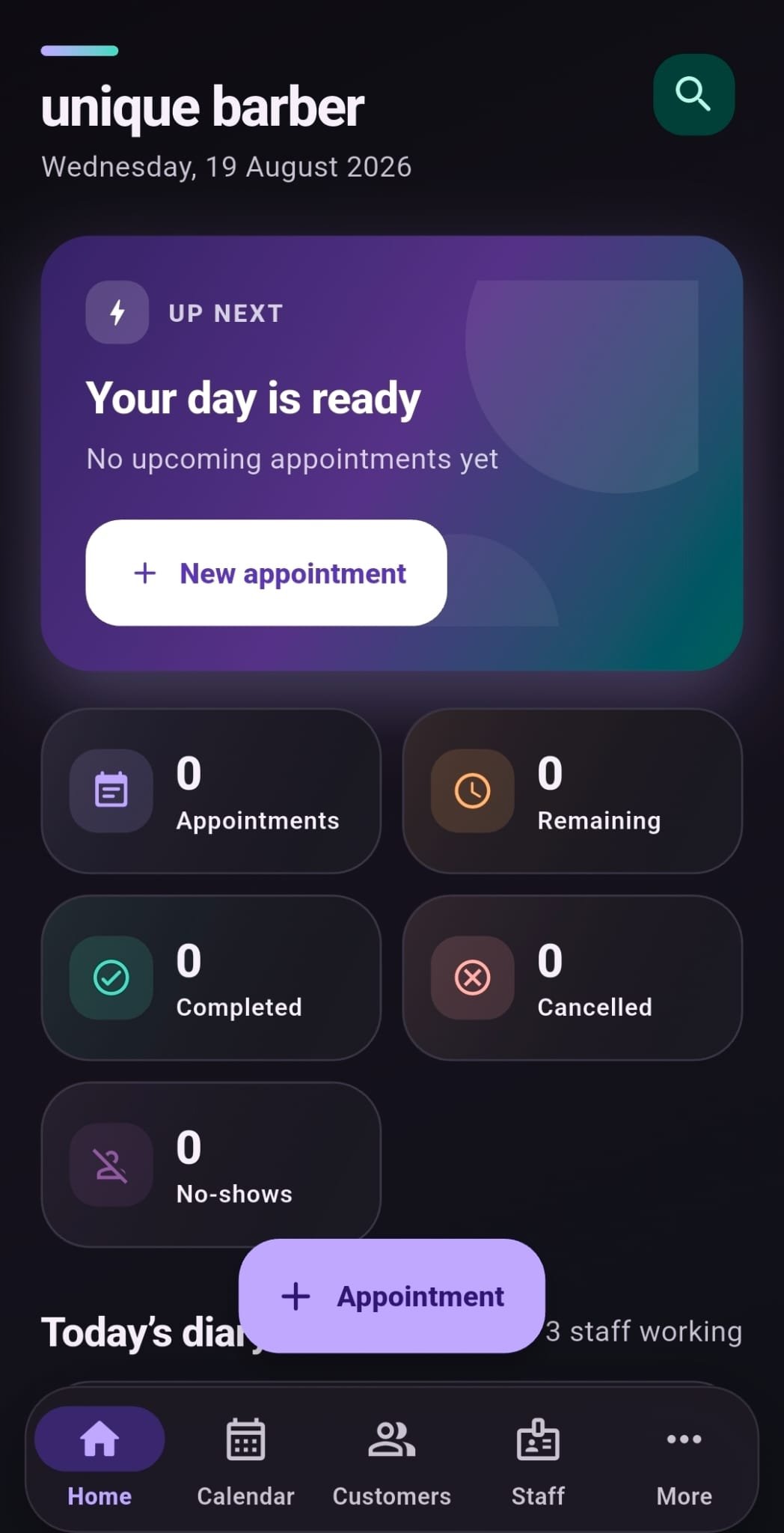 Appointment booking app home screen