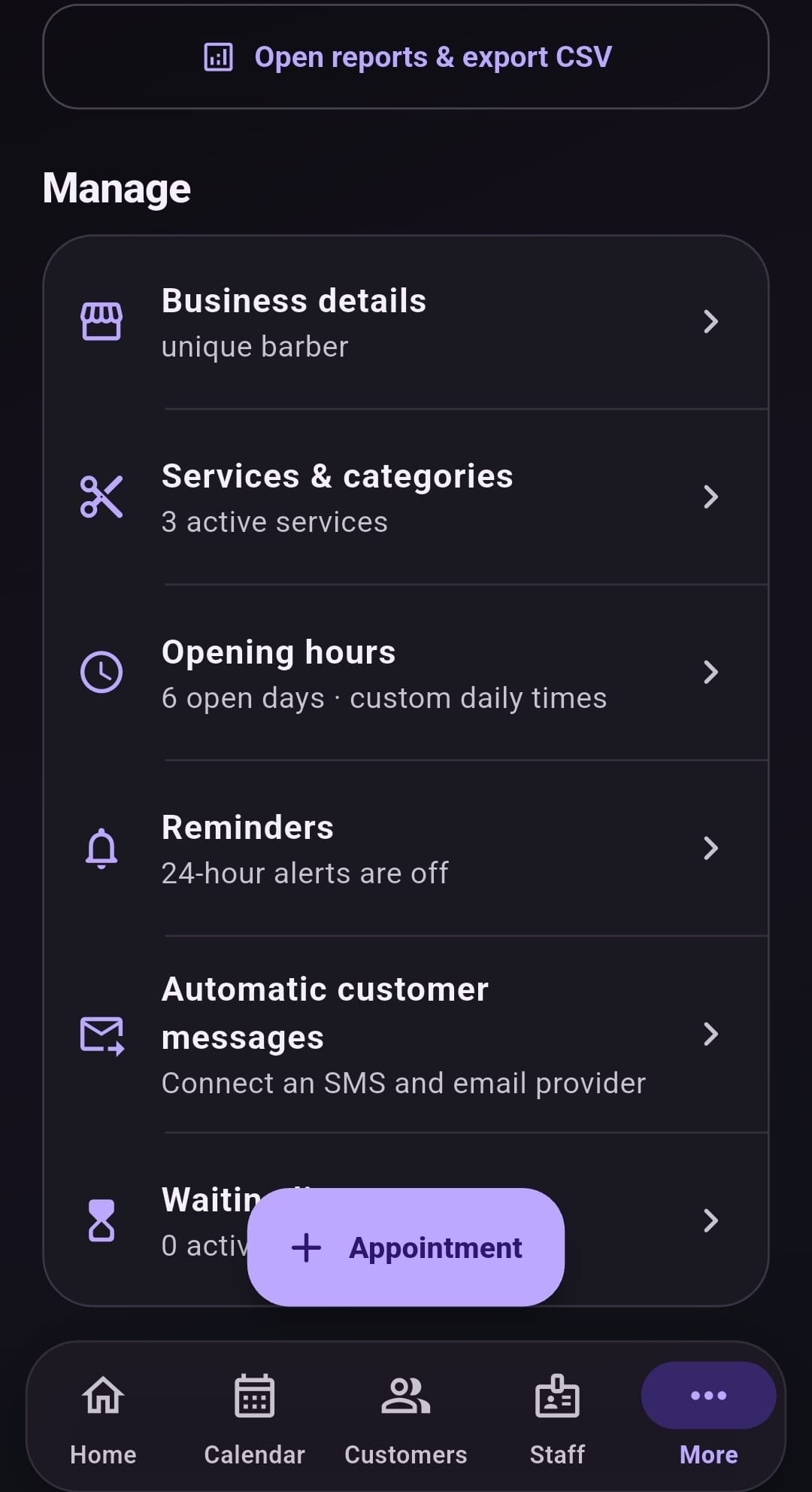 Appointment booking manage services and reminders