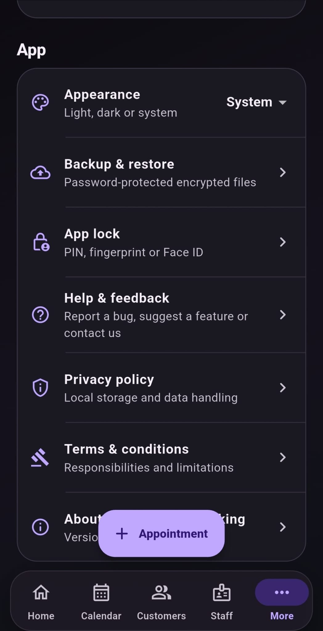 Booking app settings