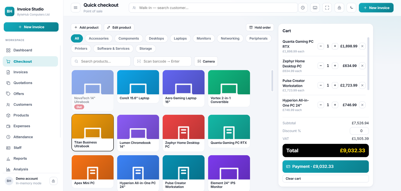 Quick checkout screen with product tiles and a cart