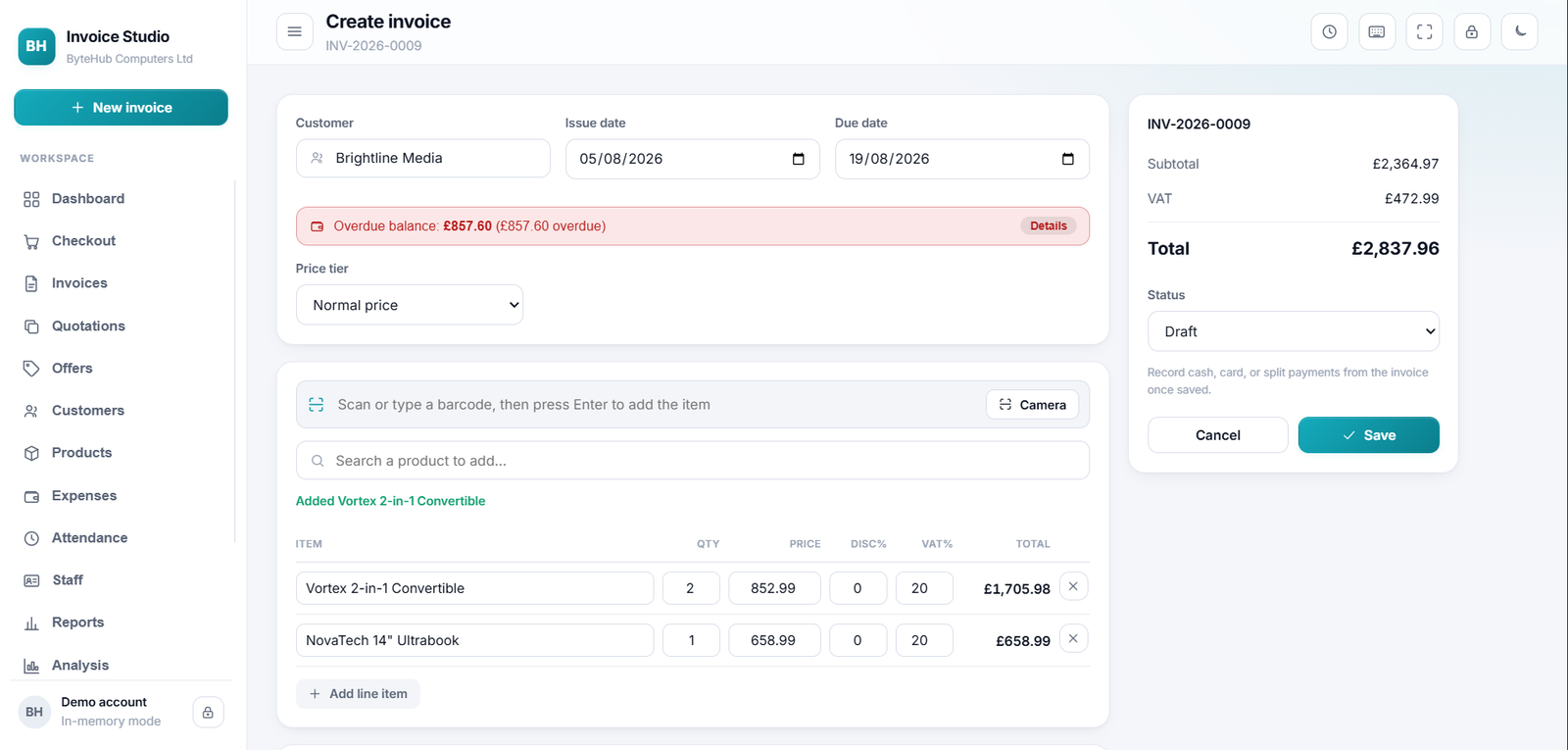 Create invoice screen with line items, VAT and totals