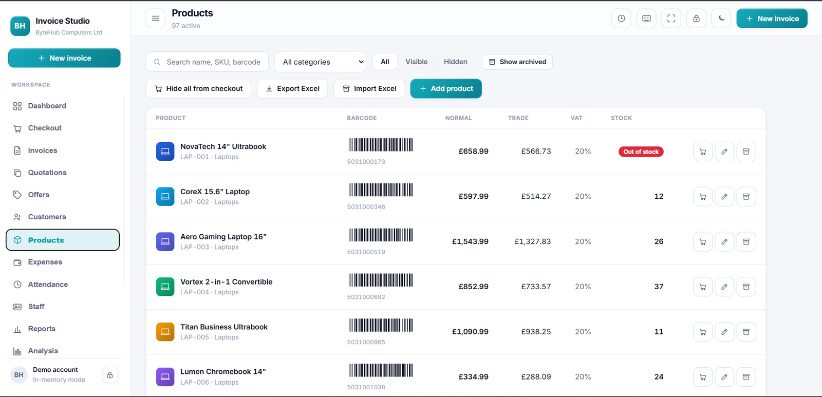 Products list with barcodes, prices and stock